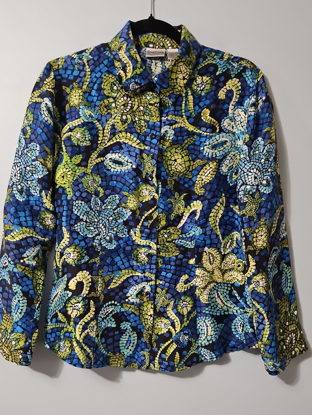 Chico's Blue, Green and Black Mosaic Print Silk Button Down Blouse Size M